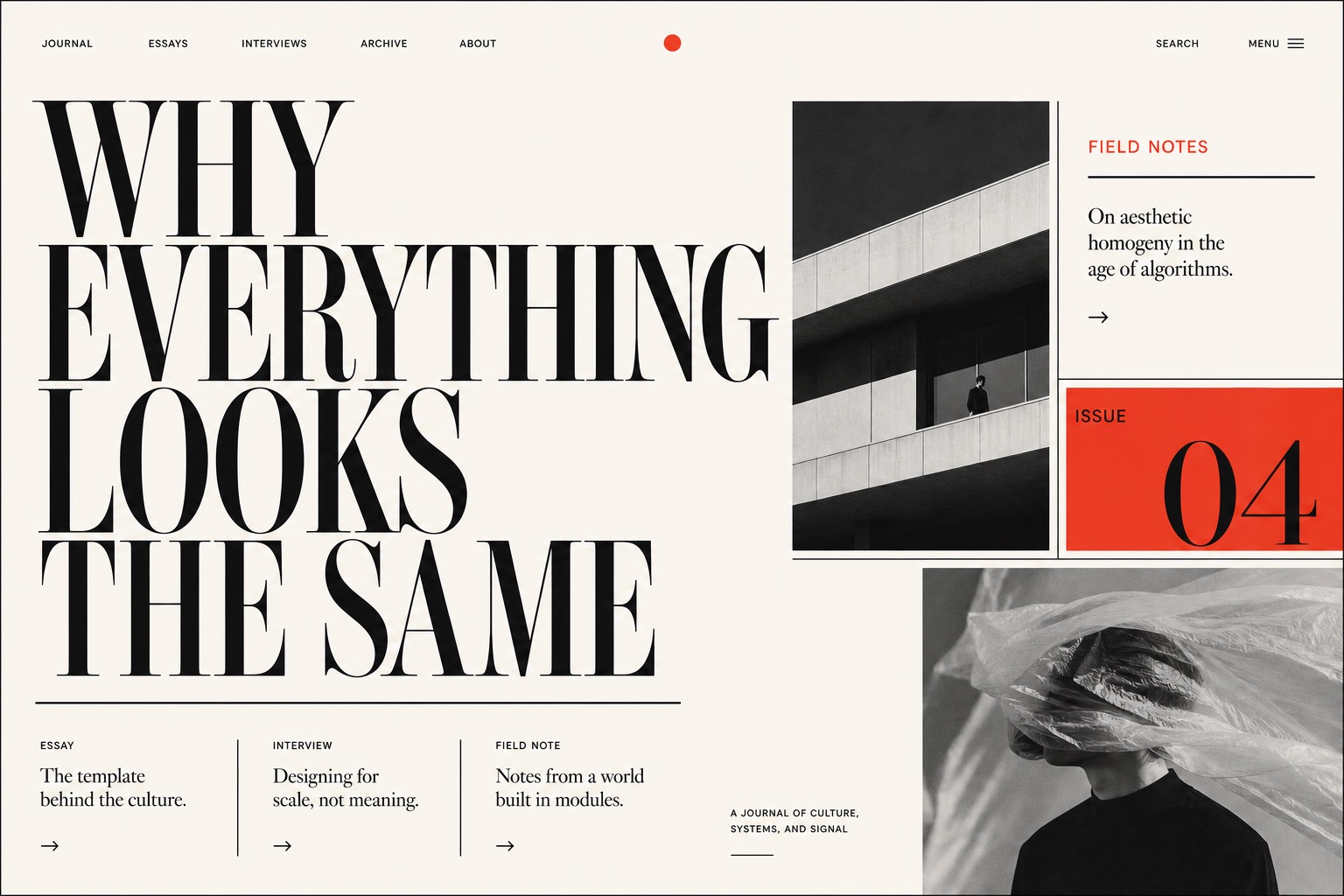 A fictional editorial website with an oversized serif headline, modular grid, black-and-white photographs, and a bright red issue panel