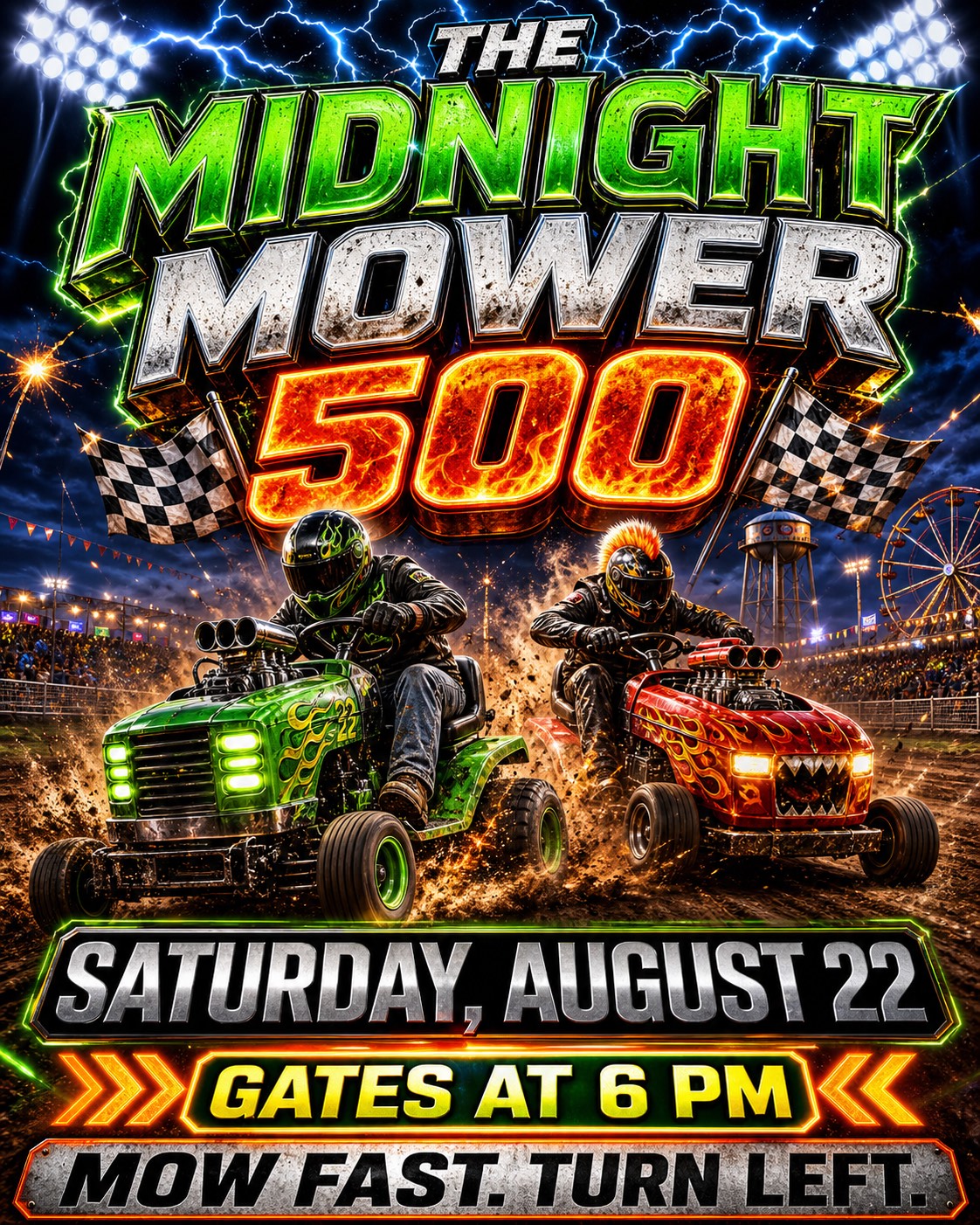 A fictional poster for the Midnight Mower 500 with two racing lawn mowers, enormous chrome and flame lettering, lightning, stadium lights, sparks, flags, and stacked event details