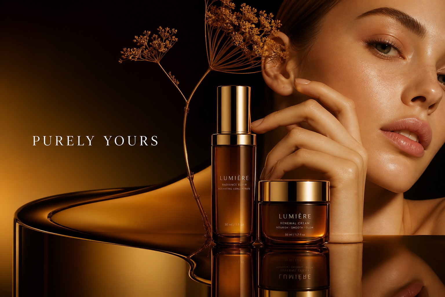 A fictional amber skincare advertisement with an overly smooth model, layered fingers, reflective bottles, a dried plant, and product lettering that becomes inconsistent in the reflection
