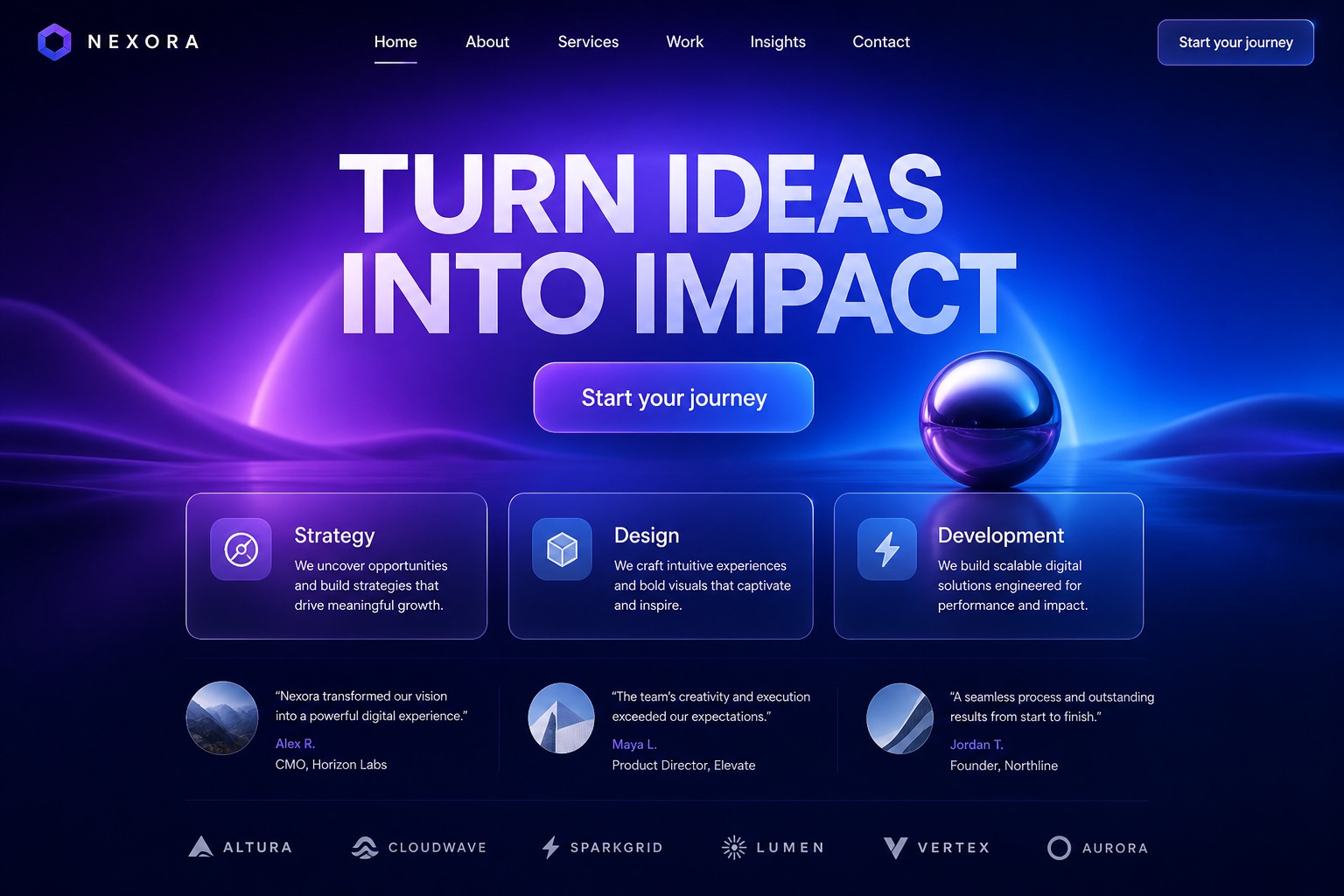 A fictional corporate website specimen with a purple and blue gradient, chrome sphere, oversized generic claim, repeated call-to-action buttons, vague service cards, invented testimonials, and invented client logos