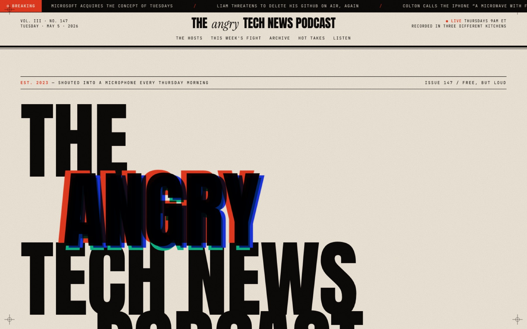 The Angry Tech News Podcast website, a newsprint-style broadsheet.